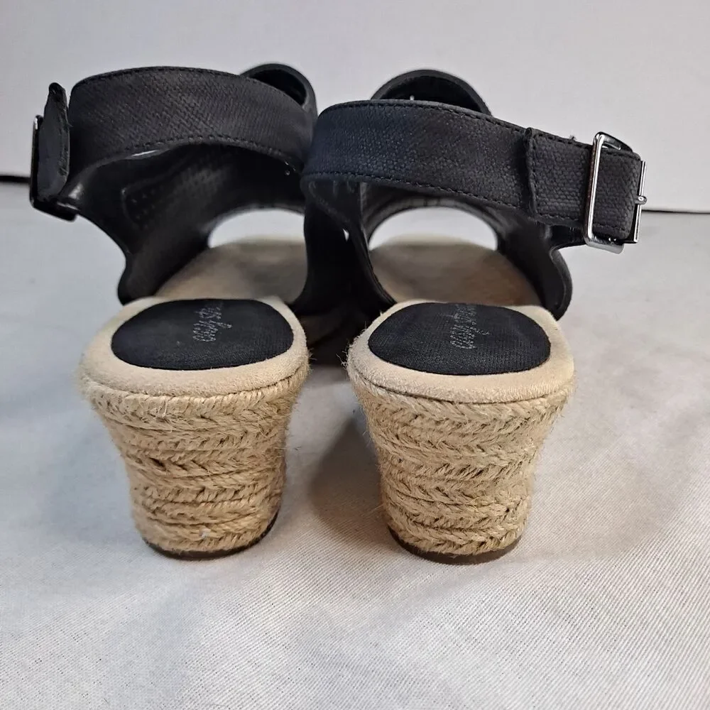 Easy Street Women's Stacy Espadrille Sandals Size 9.5W Black Perforated Wedges